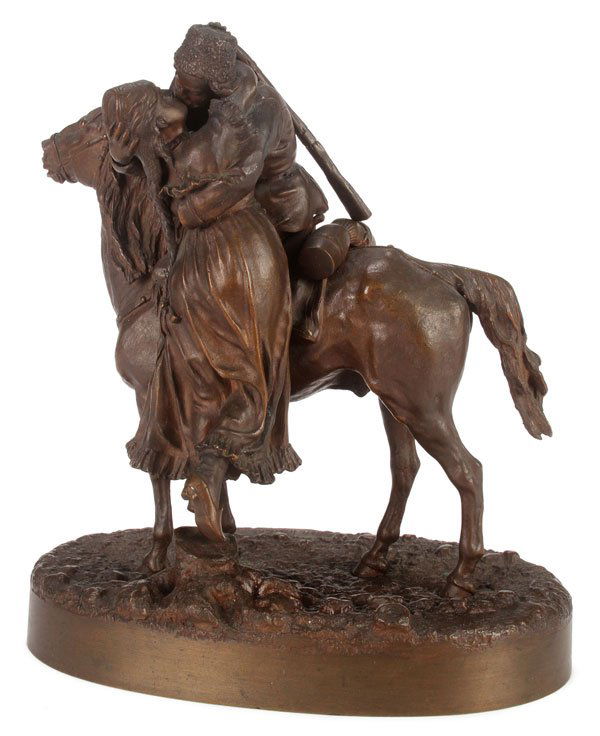 RUSSIAN BRONZE, GRACHEV, FAREWELL KISS: VASSILI YACOVLEVITCH GRACHEV(Russian 1831-1905)The Farewell Kiss - circa 1875-1890Bronze with dark brown patinaSigned on base in Cyrillic Grachev and with K.F. Woerffel foundry stamp also in CyrillicH