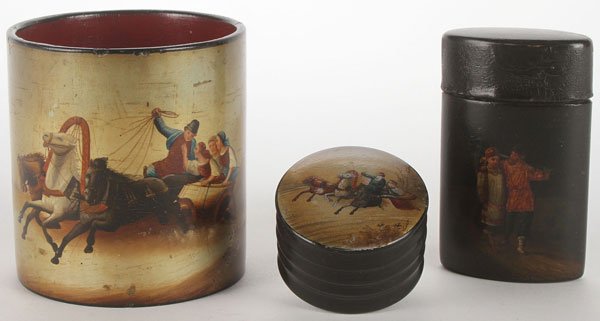 THREE RUSSIAN LACQUERWARE ITEMS, 19TH C.: A GROUP OF THREE RUSSIAN LACQUERWARE ITEMS, 19TH CENTURY. Comprising a pencil holder, the sides entirely painted with a summer troika scene on a mother of pearl ground and with red lacquered interior,