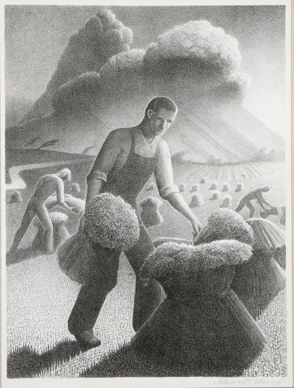 GRANT WOOD SIGNED LITHOGRAPH CIRCA 1940: GRANT WOOD(American 1891-1942) Approaching Storm - 1940 Lithograph on paper, ed. 250 Signed in pencil lower right 11.9 inches x 8.9 inches