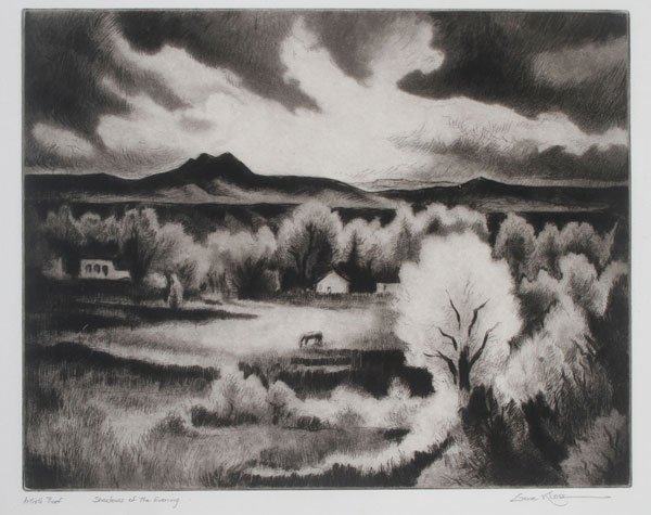 GENE KLOSS SIGNED LITHOGRAPH: GENE KLOSS(American 1903-1996) Shadows of the Evening Lithograph print Signed lower right in pencil 11 inches x 14 inches