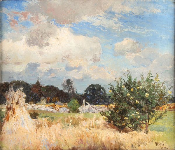 MATHIAS ALTEN OIL PAINTING OLD LYME CT.: MATHIAS JOSEPH ALTEN(American 1871-1945)Summer Landscape in Old Lyme, Conneticut - circa 1902Oil on canvas laid down on wood panelSigned lower right "M. Alten-Lyme"11.5 inches x 13.5 inches