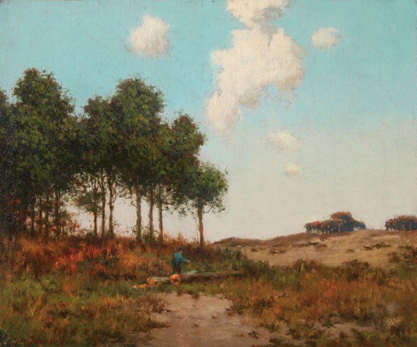 LARGE GEORGE INNESS, JR. PAINTING SIGNED: GEORGE INNESS, JR.(American 1854-1926)Summer Landscape with Figure Near Fallen Tree Oil on canvasSigned lower left19.5 inches x 23.5 inches (49.5 x 59 cm)
