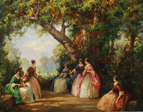 ATTRACTIVE JOSEPH TOMANEK OIL PAINTING: JOSEPH TOMANEK(American 1889-1974)An Outdoor Interlude Oil on canvasSigned lower left28 inches x 36 inches