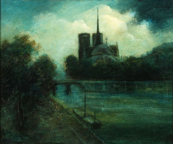 PAINTING OF NOTRE DAME SIGNED & DATED 1925: CHARLES HETHERINGTON(American 1855-1938) Moonlight Impression Notre Dame - Paris 1925 Oil on canvas Signed lower left, and titled, dated and signed on verso in artist's hand 20 inches x 26 inches