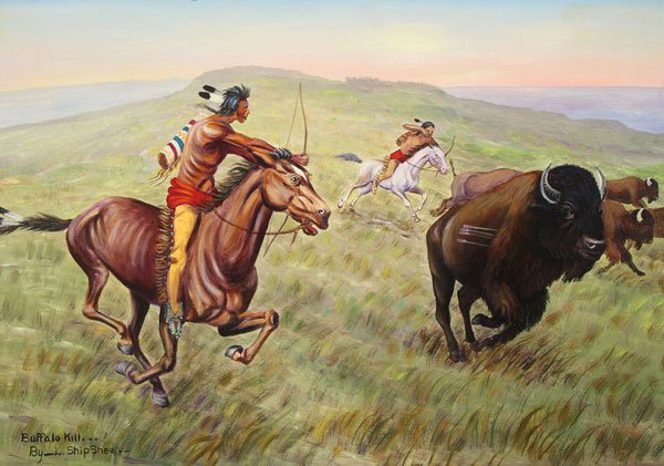 INDIAN BUFFALO HUNT PAINTING, LOUIS SHIPSHEE: LOUIS SHIPSHEE(American 1896-1975) Buffalo Kill Oil on canvas Signed and titled lower left "Buffalo Kill by L. ShipShee" 30 inches x 42 inches