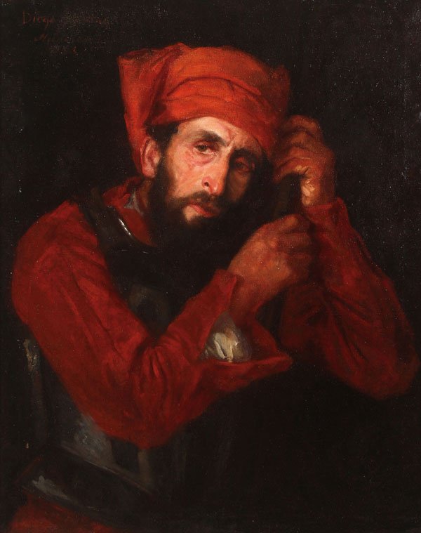 MUNICH SCHOOL OIL PAINTING SIGNED & DATED 1873: GERMAN SCHOOL(19th century)A Soldier with Breast Armor Leaning on Musket - 1873Oil on canvasSigned upper left "Diego xxxxxxxx", Munchen and dated 187334.75 inches x 27.5 inches (89 x 69.5 cm)