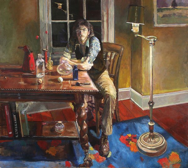 HUGE OIL PAINTING BY DOUG FERRIN 4.5 x 5 FEET: DOUGLAS FERRIN(American 1959-) Interior Scene of Young Man with Still Life Arranged on the Table Before Him Oil on canvas Signed on stretcher 54.5 inches x 60.5 inches