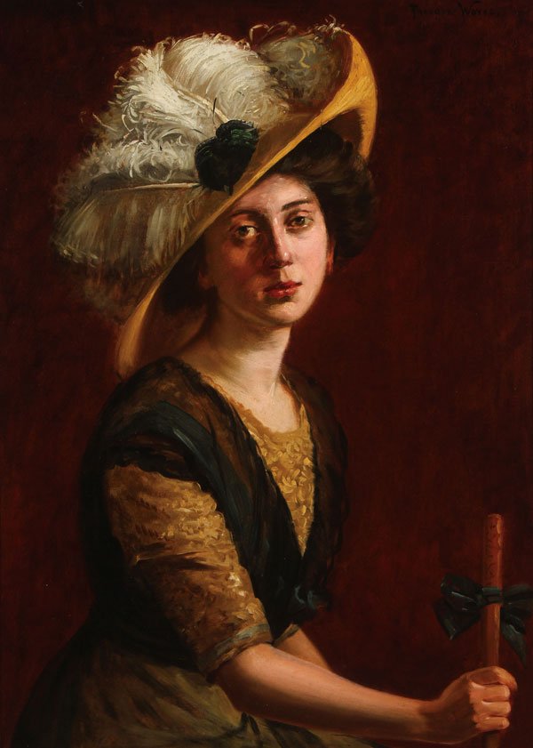 AMERICAN GILDED AGE PAINTING BY THEODORE WORES: THEODORE WORES(American 1859-1939) Portrait of a Woman with Bonnet and Parasol Oil on canvas Signed "Theodore Wores" upper right 35 inches x 25.25 inches (89 x 64 cm)