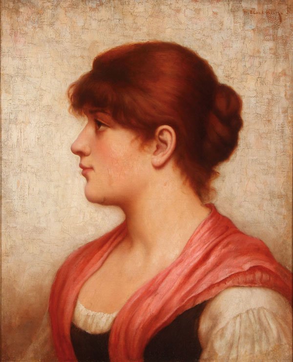 A FINE WALTER BLACKMAN SIGNED PAINTING C. 1900: WALTER BLACKMAN(American 1847-1928) Bust Profile Portrait of a Young Beauty Oil on board Signed "W. Blackman" upper right 18 inches x 14.75 inches