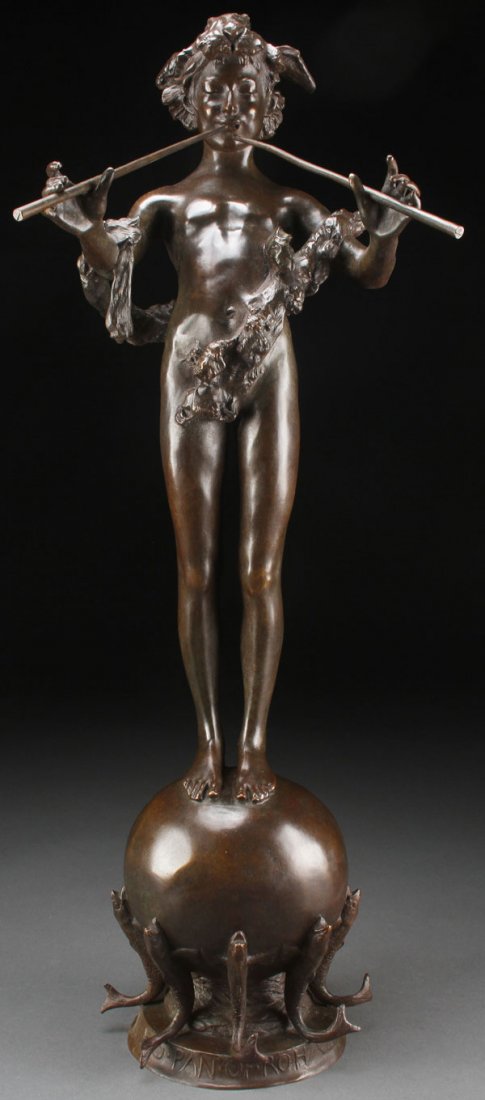 LARGE AMERICAN BRONZE AFTER MACMONNIES: After FREDERICK WILLIAM MACMONNIES(American 1863-1937)Pan of Rohallion Bronze with brown patinaInscribed on baseHeight 29.2 inches