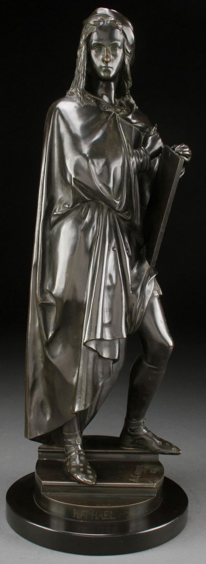FRENCH BRONZE OF RAPHAEL, BELLUSE: ALBERT ERNEST CARRIER BELLUSE(French 1884-1887) Raphael Bronze with dark brown patina Inscribed on base "A. Carrier" and dated 1885 Height 20.1 inches (51 cm) excluding polished marble plinth, overall