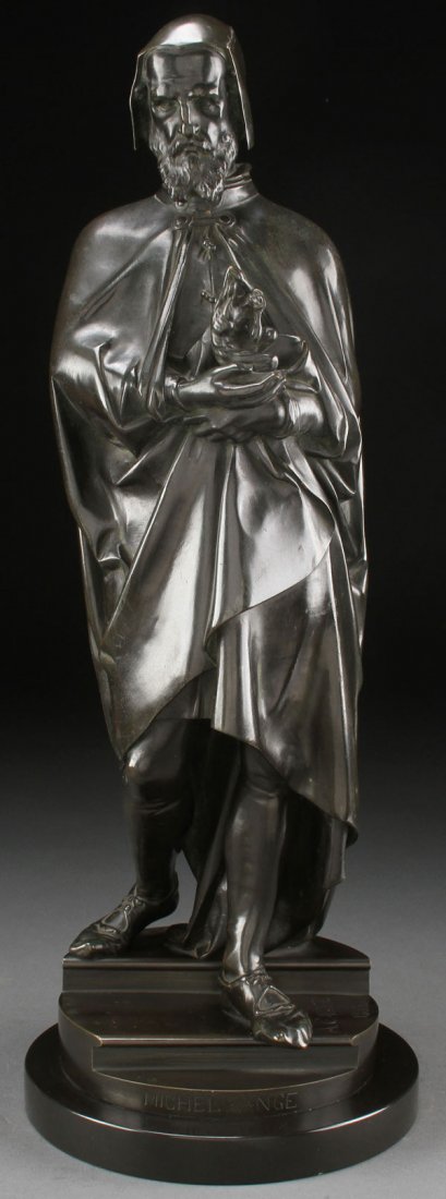 FRENCH BRONZE OF MICHELANGELO, BELLUSE: ALBERT ERNEST CARRIER BELLUSE(French 1884-1887) Michelangelo Bronze with dark brown patina Inscribed on base "A. Carrier" and dated 1885 Height 20.6 inches (52 cm) excluding polished marble plinth, ov