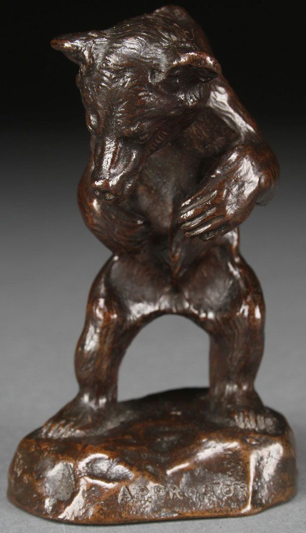 AMERICAN BRONZE, ALEXANDER PROCTOR, BEAR: ALEXANDER PROCTOR(American 1860-1950)Standing Bear Bronze with dark brown patinaInscribed on base "A. PROCTOR" and underside of base with Roman Bronze works initials R.B.W.Height 3.25 inches