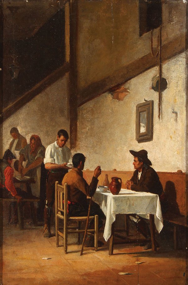 19 TH CENTURY SPANISH SCHOOL PAINTING OIL ON WOOD: SPANISH SCHOOL(19th century) Spanish Cafe Scene Oil on wood panel Apparently unsigned, on verso with label of dealer "E. F. Watson" 13 inches x 9 inches (33 x 23 cm)