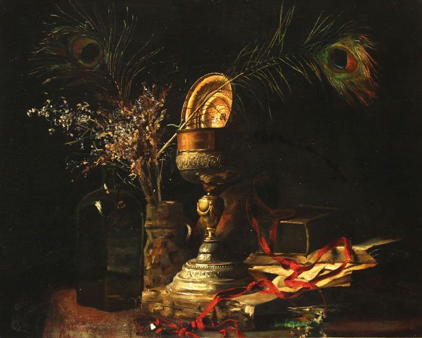 INTERESTING 19TH CENTURY OIL STILL LIFE PAINTING: CONTINENTAL SCHOOL(19th century) Still Life with Chalice and Peacock Feather Oil on board Apparently unsigned 23 inches x 28 inches (58.5 x 71 cm)