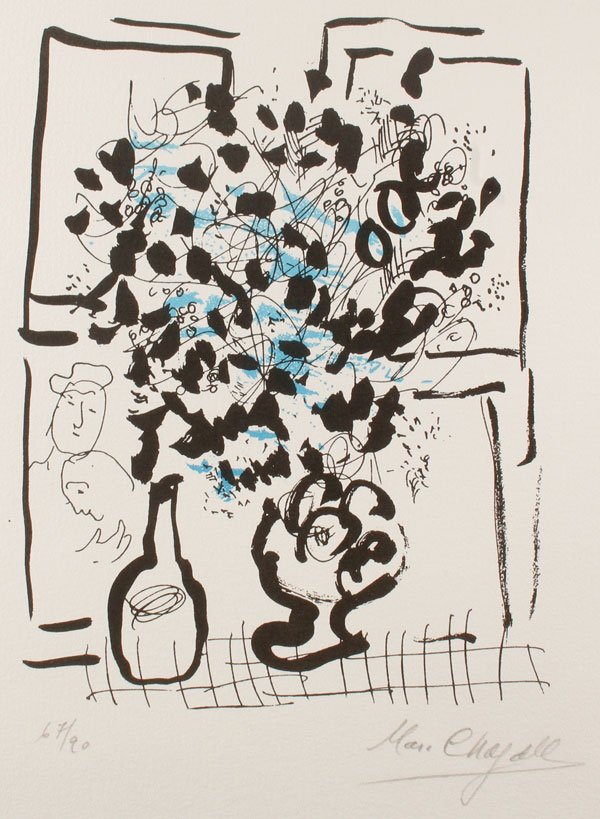 ORIGINAL SIGNED MARC CHAGALL LITHOGRAPH: MARC CHAGALL(French/Russian 1887-1985) The Black and Blue Bouquet Lithograph Signed lower right and numbered lower left 67/90 9 inches x 6.25 inches (22.7 x 16.5 cm)