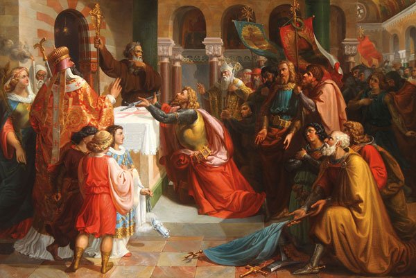 EPIC HISTORIC PAINTING HOLY SEPULCHRE KNIGHTS 1852: KARL SCHONBRUNN(Austrian 1832-1877) Godfrey of Bouillon Dedicates His Sword to the Saviour Before an Altar - 1852 Oil on canvas Faintly signed lower right and dated 1852 and verso with old printed exh