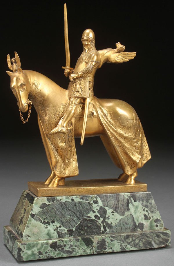 AUSTRIAN BRONZE KNIGHT OF VERONA: HANS MULLER(Austrian 1873-1937) Knight of Verona Gilt bronze on marble base Signed H. Muller and with foundry mark Height 9.6 inches (24.4 cm)