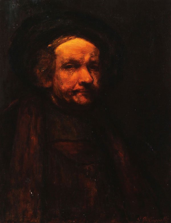 SELF PORTRAIT PAINTING AFTER REMBRANDT: AFTER REMBRANDT VAN RIJN(Dutch 1606-1669) Self Potrait Oil on canvas Signed lower right "G.B. Cappelli" 28 inches x 22 inches (71 x 64 cm) The offered lot follows the original located in the Uffizi Ga