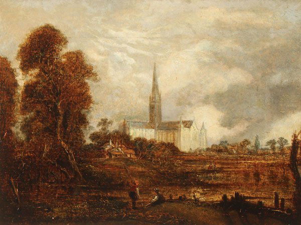 SALISBURY CATHEDRAL OIL ON CANVAS CIRCLE OF CONSTABLE: Studio of/Circle of JOHN CONSTABLE(British 1776-1837)Salisbury Cathedral from the Meadows Oil on canvasBears signature lower right18 inches x 24 inches (45.7 x 61 cm)