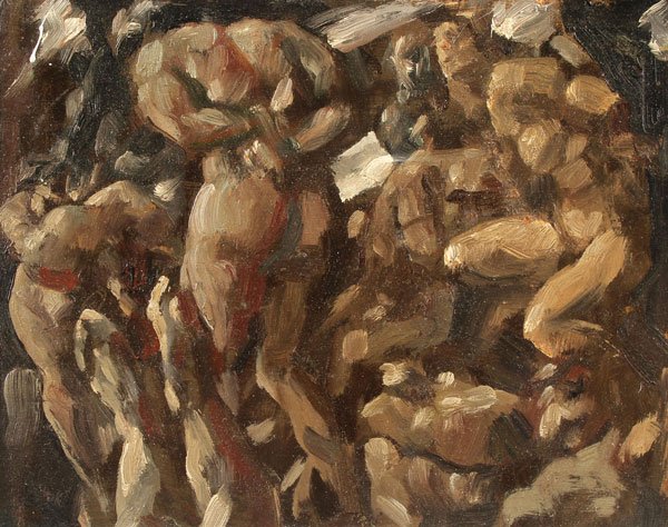 GERMAN OIL PAINTING, KLUSKA, SCENE FROM DANTE: JOHANN KLUKSA(German 1904-1973) A Scene Possibly from Dante Oil on masonite Verso with estate stamp and label titled "Dante Allegorie" 6 inches x 7.5 inches (15 x 19 cm)