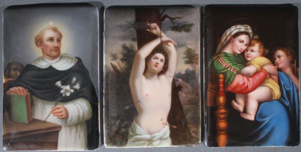3 KPM QUALITY HAND PAINTED PORCELAIN PLAQUES C. 1890: A GROUP OF THREE HAND PAINTED PORCELAIN PLAQUES, PROBABLY DRESDEN, 1890. Depicting Saint Dominic, Saint Sebastian, and the Madonna della Sedia after Raphael. Each approximately 6.25 inches x 4 inches 