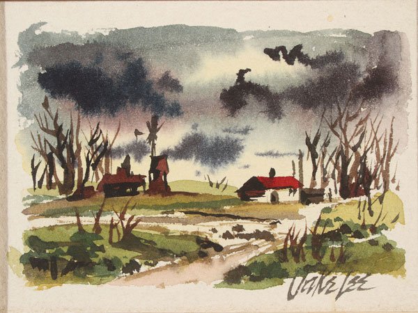 FIVE WATERCOLORS BY JAKE LEE (1915-1991): A GROUP OF FIVE WATERCOLORS BY JAKE LEE (American 1915-1991). Comprising of Landscape Over Stormy Sky 3.25 inches x 4.5 inches (8.3 x 11.4 cm), Round Barn 4.75 inches x 6 inches (12 x 15.2 cm), San Di
