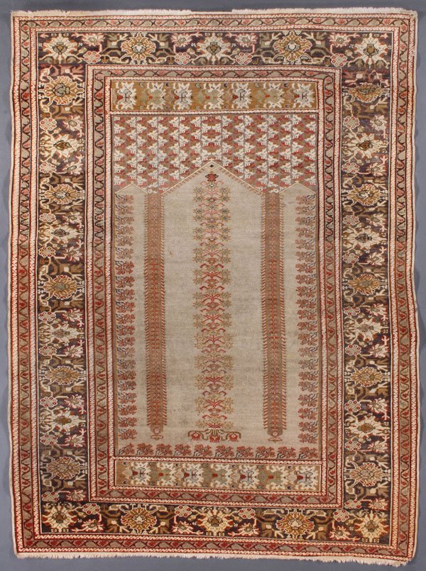 A TURKISH KULA PRAYER RUG, CIRCA 1920'S: A TURKISH KULA PRAYER RUG, CIRCA 1920'S. 4 feet 2 inches x 5 feet 7 inches (127 x 170.2 cm). Provenance: From the lifetime estate collection of Jose Antonio Danobeitia (1942-2011). Born in Spain, Mr. 
