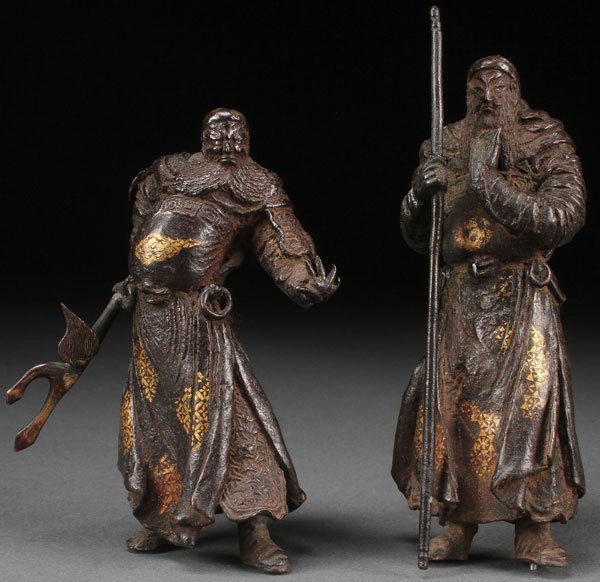 PAIR JAPANESE IRON & GOLD INLAY MINIATURE WARRIORS: A PAIR OF JAPANESE IRON AND GOLD INLAY MINIATURE WARRIORS, EDO/MEIJI PERIOD. Each well sculpted and chiseled with good detail in overlapping garments with deep folds and inlaid with gold decorative pa