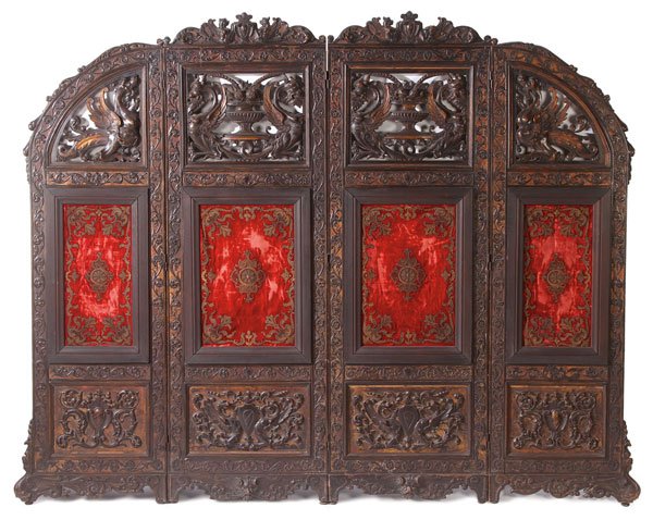 GOTHIC REVIVAL CARVED WOOD SILK PANEL SCREEN: A VERY FINE GOTHIC REVIVAL CARVED WOOD, PARCEL GILT AND EMBROIDERED SILK FOLDING PANEL SCREEN, LATE 19TH CENTURY. Probably Northern Italian, each panel fully carved on the obverse and reverse with a s