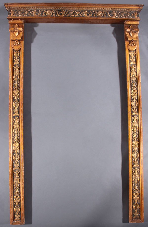 3 PIECE FLORENTINE CARVED WOOD PILASTER SET: A FINE THREE PIECE FLORENTINE CARVED WOOD PILASTER AND CORNICE SET, LATE 19TH/EARLY 20TH CENTURY. The carved and gilt wood pilasters each inset with molded gesso panels, decorated with Renaissance fig
