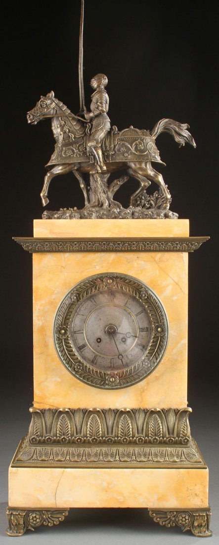 A LARGE FIGURAL BRONZE AND MARBLE MANTLE CLOCK: A LARGE FIGURAL BRONZE AND MARBLE MANTLE CLOCK, CIRCA 1900 AND LATER. The sienna marble case with acanthus lappet mounts surmounted with a bronze figure ofa jousting knight on armored horseback (added