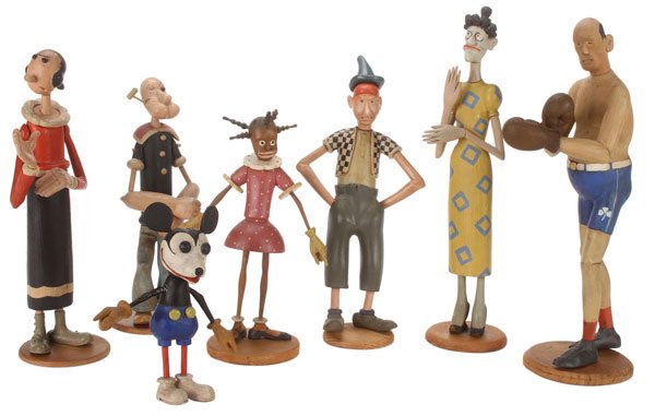 9 FASCINATING CARVED & PAINTED FOLK-ART FIGURES C.1935: A FASCINATING GROUP OF NINE HAND CARVED AND PAINTED FOLK-ART FIGURES, WALTER KARL GINTHER (1894-1968), CIRCA 1935. Comprising a group of hand carved and painted figures of both well-known and some as 