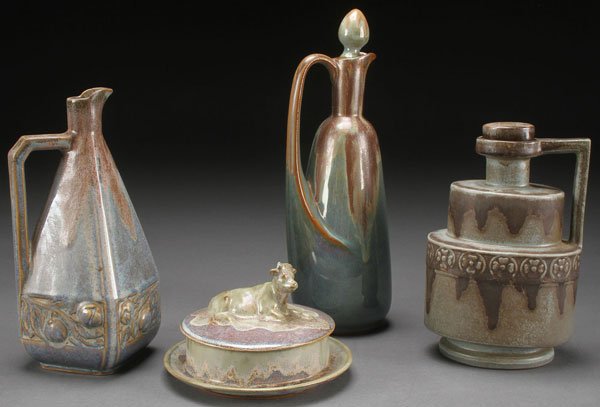 A FOUR PIECE GROUP OF FRENCH DENBAC (DENERT &: A FOUR PIECE GROUP OF FRENCH DENBAC (DENERT & BALICHON) ART POTTERY, EARLY 20TH CENTURY. Comprising a Garnier handled jug with stopper and embossed rosettes, a Garnier handled jug with embossed fruit