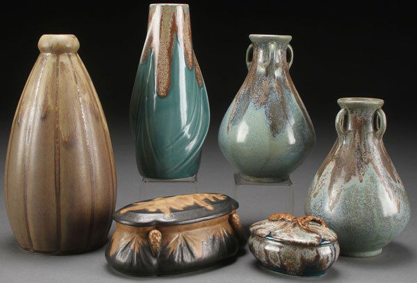 A SIX PIECE GROUP OF FRENCH DENBAC (DENERT &: A SIX PIECE GROUP OF FRENCH DENBAC (DENERT & BALICHON) ART POTTERY, EARLY 20TH CENTURY. Comprising a tall ovoid melon ribbed vase, a swirl handled turquoise vase, a pair of matching three-handled aqua