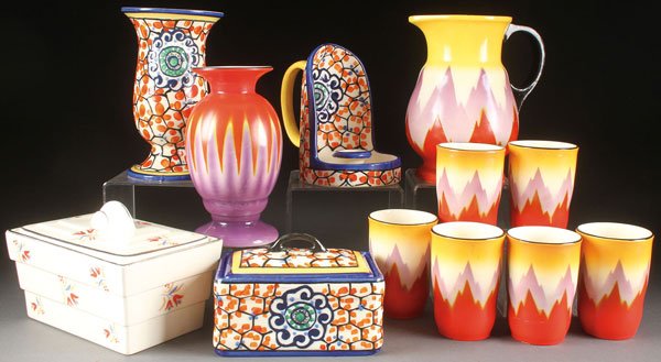 AN ELEVEN PIECE DITMAR URBACH ART DECO CZECH: AN ELEVEN PIECE DITMAR URBACH ART DECO CZECH POTTERY GROUP, EARLY 20TH CENTURY. Comprising three "Tulla" pattern pieces consisting of a vase, chamber stick and covered box. Each with matching hand pai