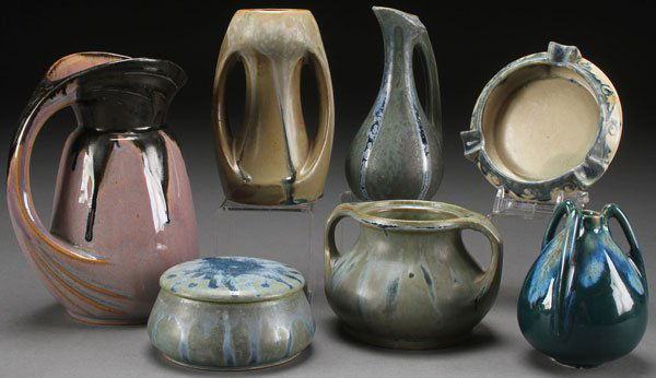 A SEVEN PIECE GROUP OF FRENCH DENBAC (DENERT: A SEVEN PIECE GROUP OF FRENCH DENBAC (DENERT & BALICHON) ART POTTERY, EARLY 20TH CENTURY. Comprising an Art Deco pitcher with stylized handle, an Art Deco small ewer, a two-handled olive green vase, a