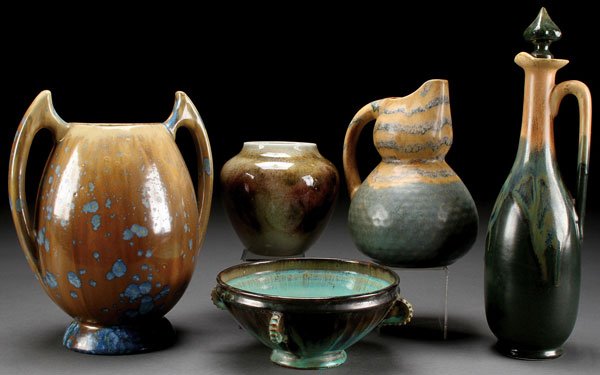 GROUP OF DENBAC (DENERT & BALICHON) ART POTTERY: A FOUR PIECE GROUP OF DENBAC (DENERT & BALICHON) AND PIERREFONDS FRENCH ART POTTERY, EARLY 20TH CENTURY. Comprising a large scissor handled vase, a tall stoppered ewer, a handled double gourd shaped j