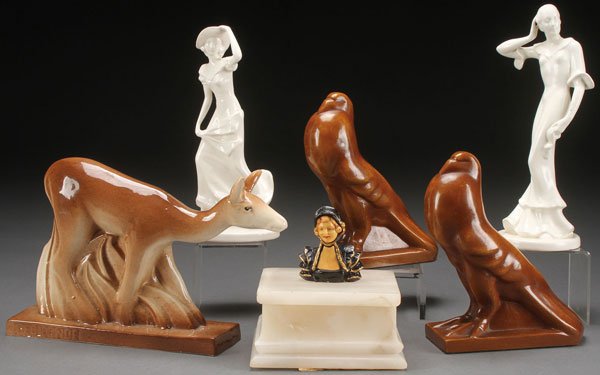A SIX PIECE FIGURAL ART DECO GROUP, EARLY 20TH C: A SIX PIECE FIGURAL ART DECO GROUP, EARLY 20TH CENTURY. Comprising an Erphila Czech standing woman, a Czech wind swept woman with hat, a St. Clement faun sculpted by Geo Conde, a pair of cast metal do