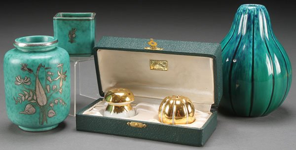 A PAIR OF GUSTAVSBERG SWEDISH "ARGENTA" ART: A PAIR OF GUSTAVSBERG SWEDISH "ARGENTA" ART POTTERY VASES, MID-20TH CENTURY. Decorated with silver florals on a mottled turquoise ground together with a Paul Milet for Sevres pottery bulbous form vase