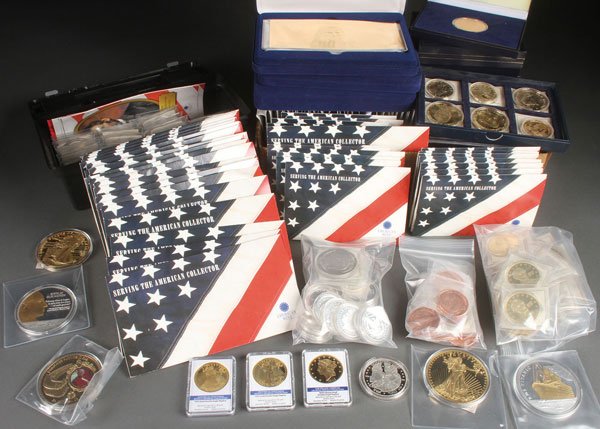 WELL OVER 200 AMERICAN MINT COMPANY ISSUED PIECES: WELL OVER 200 AMERICAN MINT COMPANY ISSUED PIECES. Including Proof Medals in silver and gold plate, gold plated Kennedy halves, facsimile coins, colorized presidential dollars and with some U.S. mint 