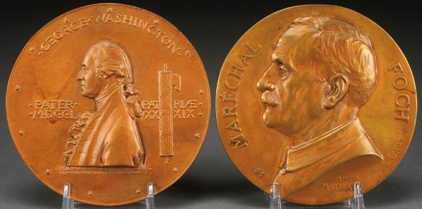 GEORGE WASHINGTON BRONZE INAUGURAL CENTENNIAL: GEORGE WASHINGTON BRONZE INAUGURAL CENTENNIAL MEDAL. Augustus Saint-Gaudens (1848-1907), modeled by Philip Martiny (1858-1927), 1889, cast mold bronze medallion, the obverse depicting a profile bust