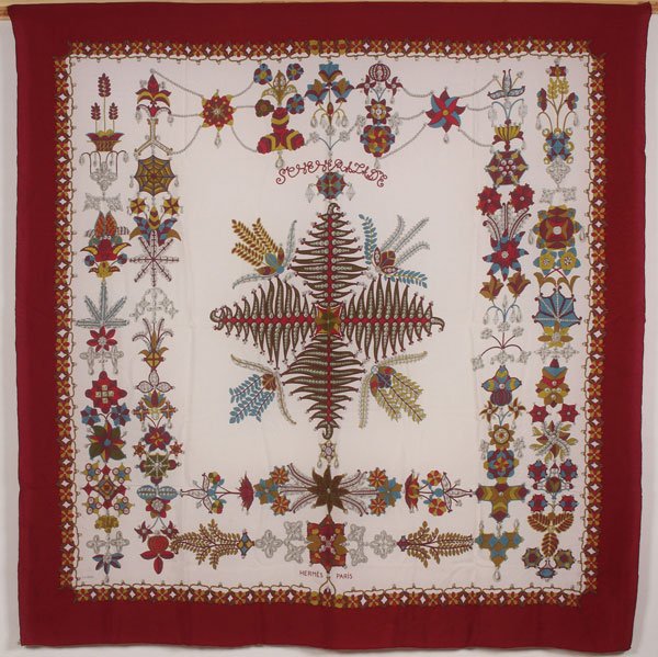 FOUR HERMES SILK SCARVES, CIRCA 1970'S AND 1980'S: FOUR HERMES SILK SCARVES, CIRCA 1970'S AND 1980'S. Comprising a beautiful "Scheherazade" silk twill Carre scarf by Henri d'Origny (52 inches square), a La Promenade de Longchamps by LeDoux (35 inches 