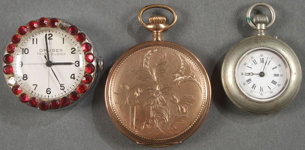 A PAIR OF VINTAGE POCKET WATCHES INCLUDING ELGIN: A PAIR OF VINTAGE POCKET WATCHES INCLUDING ELGIN, EARLY 20TH CENTURY. Together with a Gruber Tele-clock with jewels.