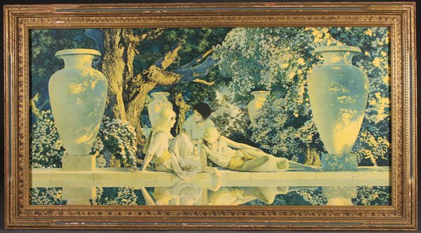 A PAIR OF VINTAGE MAXFIELD PARRISH PRINTS, EARLY: A PAIR OF VINTAGE MAXFIELD PARRISH PRINTS, EARLY 20TH CENTURY. Consisting of "Garden of Allah" and "Daybreak", each in original frames, overall length 33.5 inches. Together with two later Parrish rep