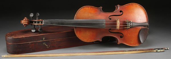 A GERMAN VIOLIN AFTER FRANCISCUS GEISSENHOF: A GERMAN VIOLIN AFTER FRANCISCUS GEISSENHOF, LATE 19TH/EARLY 20TH CENTURY. With two piece tiger maple back and bow contained in a period wooden case. Length overall 31 inches (78.7 cm).