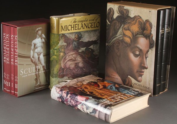 EIGHT BOOKS, INCLUDING MICHELANGELO: EIGHT BOOKS, INCLUDING MICHELANGELO AND RAPHAEL. Comprising a two volume cased set of La Chapelle Sixtine, publ. 1989 by Editions Citadelles, limited edition #2153 out of 3,000; The Complete Work of M