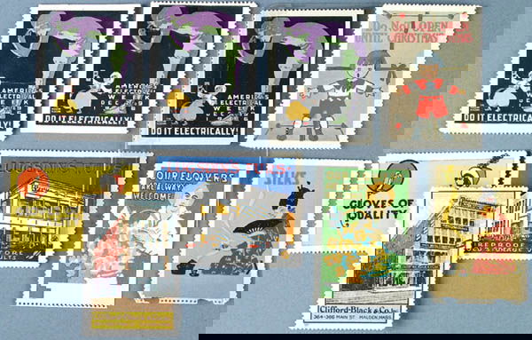 APPROX. 150 POSTER STAMPS early 20th century, inc: APPROX. 150 POSTER STAMPS early 20th century, including 3 Maxfield Parrish, Electrical Week and other advertising. Estimate $100-$200