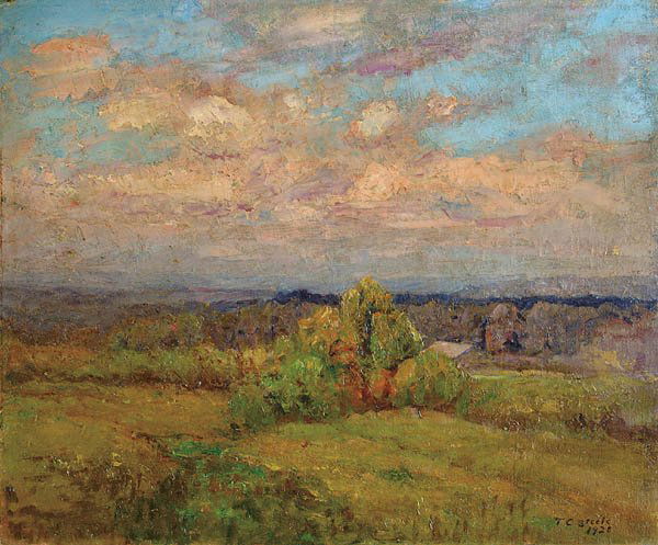 THEODORE CLEMENT STEELE (American 1847-1926) "Exp: THEODORE CLEMENT STEELE (American 1847-1926) "Expansive Summer Landscape with Building" 1920. Oil on canvas, signed and dated lower right "T.C. Steele 1920". 20"x24". Estimate $20,000-$25,000 *Verso o