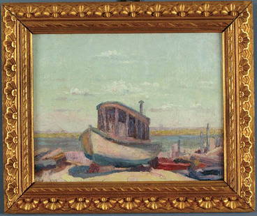 LEE LASH (American b.1864) "Dry Dock" oil on wood: LEE LASH (American b.1864) "Dry Dock" oil on wood panel, signed lower left "Lee Lash". 7.5"x9.5". Estimate $400-$600